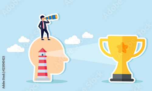 A businessman peering through a telescope from atop a head containing a lighthouse, its light shining on a trophy ahead, illustration of analyst in a strategy to become a leading company