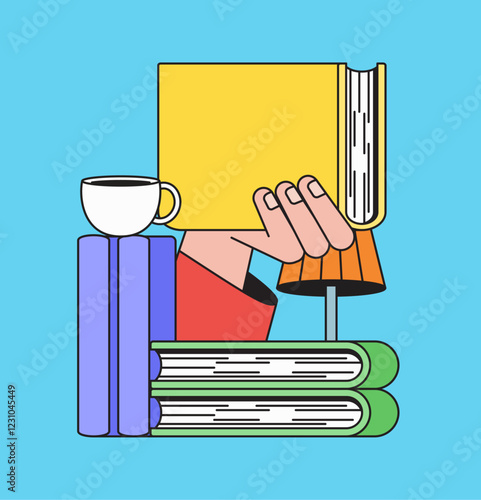 A stack of books, a cup of coffee, and a hand holding a yellow book cartoon hand drawn vector illustration perfect for educational