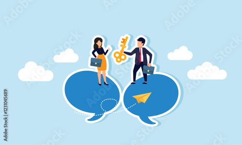 A businessman carries a lamp, and another businessman gives appreciation with a thumbs-up, both standing on a text dialog, illustration of sharing business problem-solving