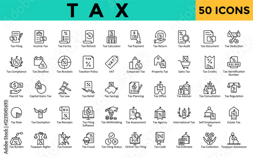 Tax icons set with tax filing, income tax, tax forms, tax refund, tax calculator, tax payment, tax return, tax audit, tax document, tax deduction icon. Simple line vector 
