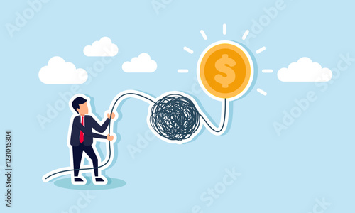 A businessman holds a complex rope connected to a glowing dollar coin, illustration of idealism in business financial mindset