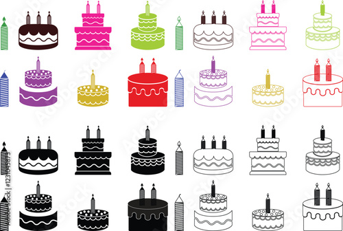 Cakes flat or line icon set collection. Vector of different types of beautiful modern cakes such as chocolate cake, Napoleon cake, tiramisu , eclair and cheesecake. Isolated on transparent background.