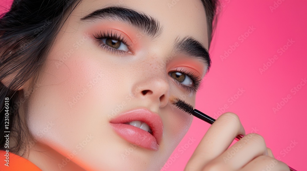 Closeup Portrait of Woman Applying Makeup with Glitter and Pink Background Closeup Portrait of Woman Applying Makeup with Glitter and Pink Background