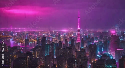 Rainfall Over Neon Skyscrapers, looping 4k time-lapse virtual video animation Generated AI. Cinematic.