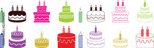 Cakes flat or line icon set collection. Vector of different types of beautiful modern cakes such as chocolate cake, Napoleon cake, tiramisu , eclair and cheesecake. Isolated on transparent background.