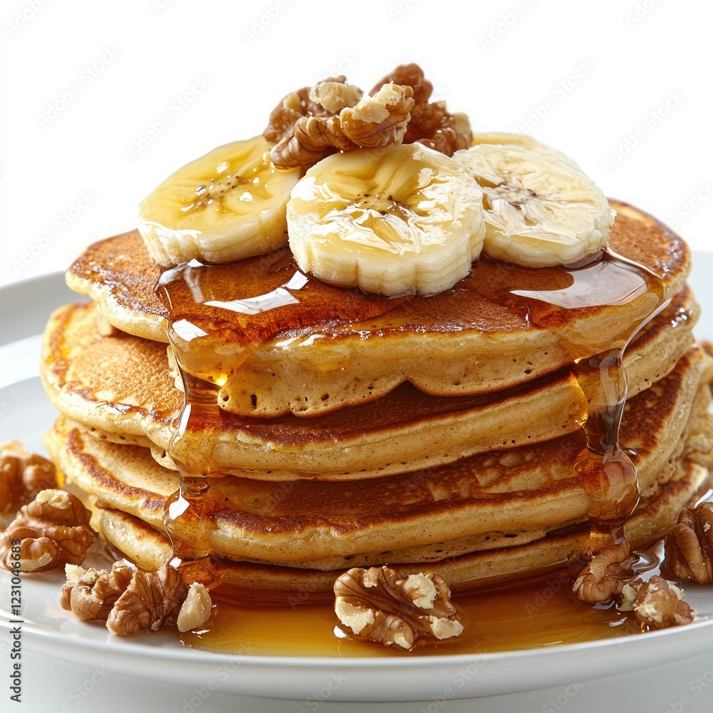 Golden pancakes layered with fresh banana slices, drizzled with a thin stream of honey and garnished with crushed walnuts Golden pancakes layered with fresh banana slices, drizzled with a thin stream of honey and garnished with crushed walnuts