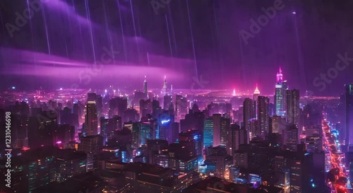Sci-Fi City Skyline in Rain, looping 4k time-lapse virtual video animation Generated AI. Cinematic.