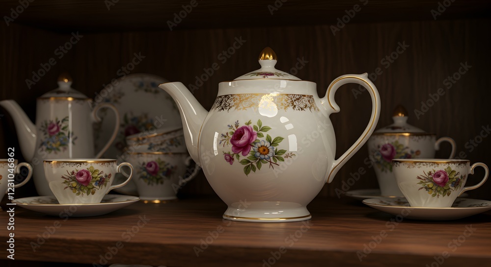 Elegant Floral Tea Set Displayed On Wooden Shelf Elegant Floral Tea Set Displayed On Wooden Shelf