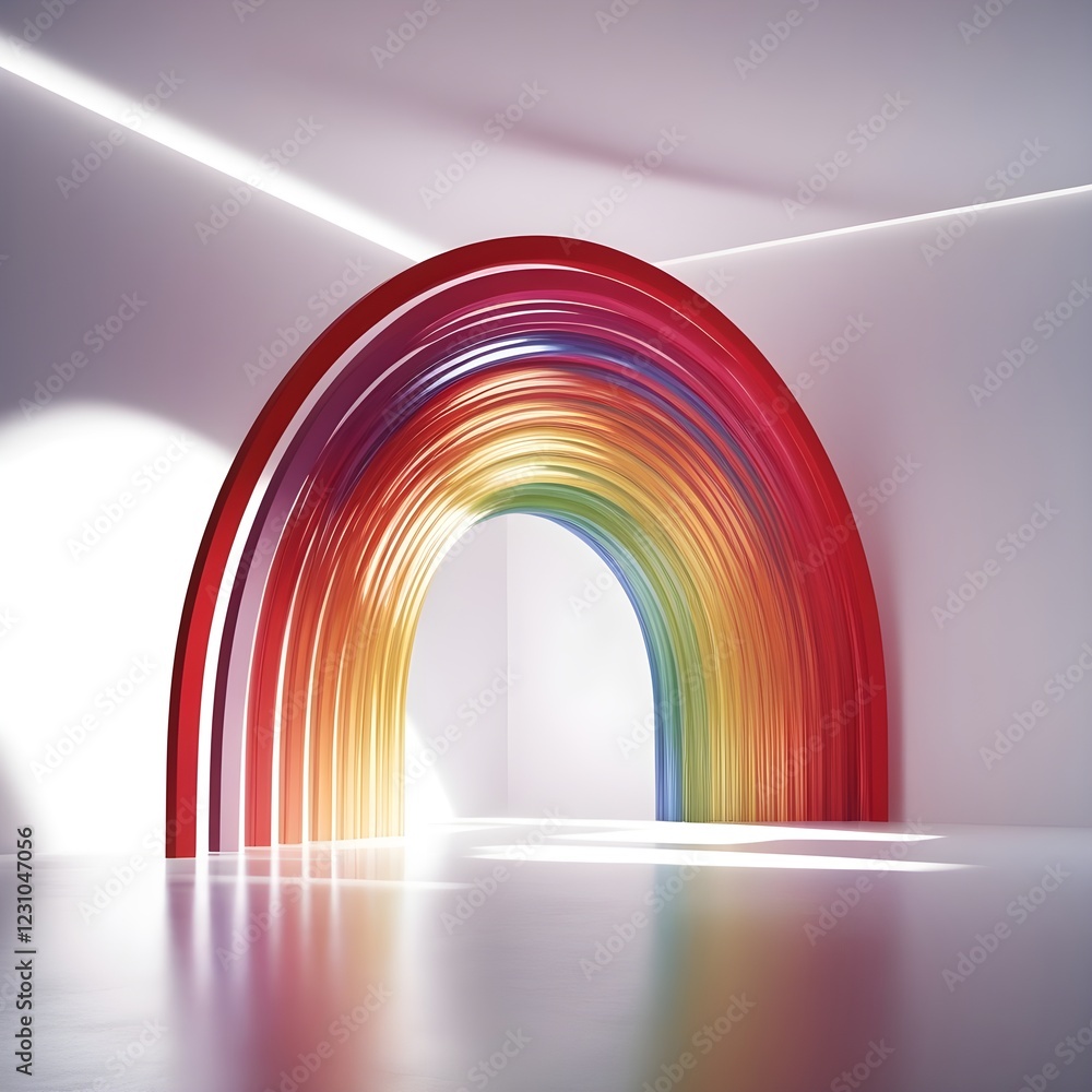 Fototapeta premium A vivid, multi-colored arch resembling a rainbow stands prominently in a minimalistic, white room. Light casts shadows and reflections on the glossy floor, adding depth and vibrancy to the scene.