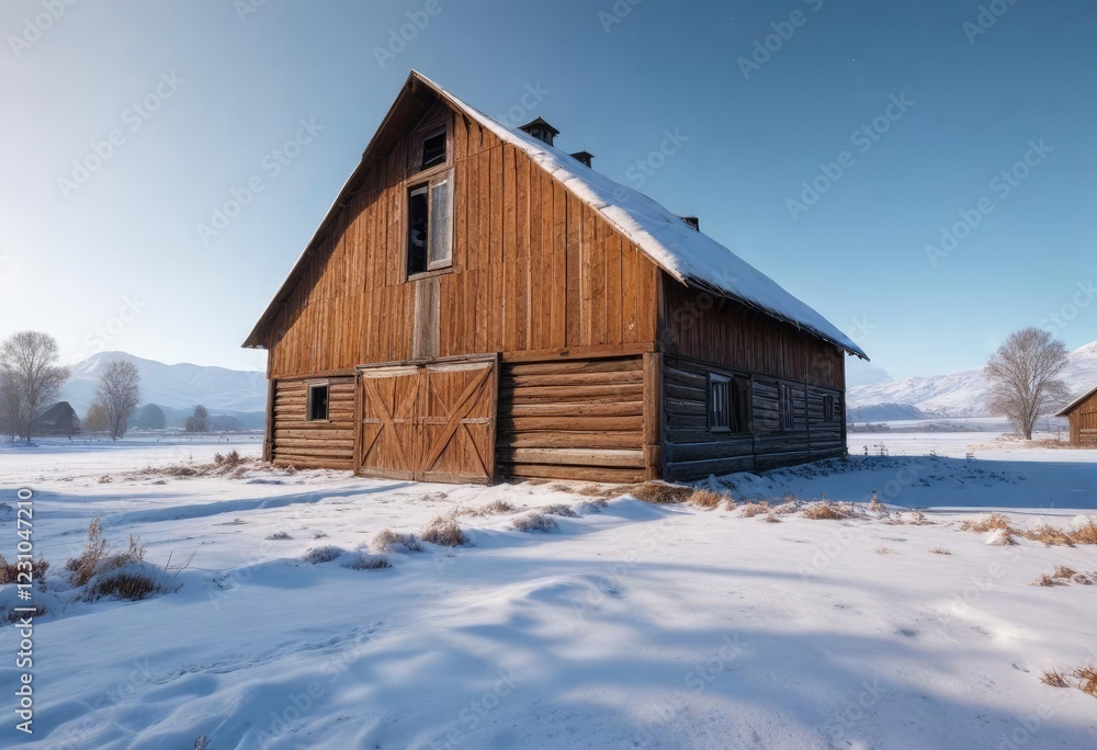Snow-covered barn with wooden beams and rusty roof in the middle of a frozen field, ice, cold weather, snowy landscape Snow-covered barn with wooden beams and rusty roof in the middle of a frozen field, ice, cold weather, snowy landscape
