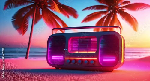 Retro Beach Scene With Music, looping 4k time-lapse virtual video animation Generated AI. 3d render.