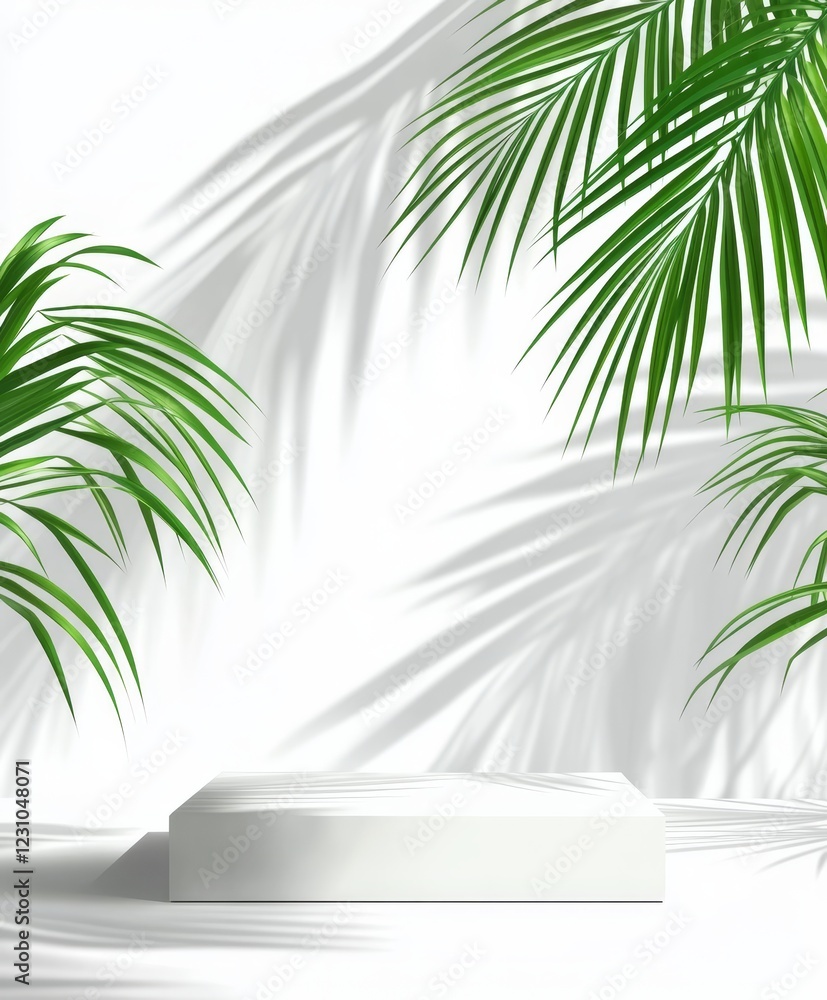 White platform with palm leaves and shadows on white background. White platform with palm leaves and shadows on white background.