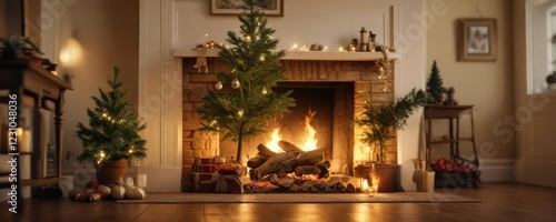 Wallpaper Mural Soft focus image of an evergreen Christmas tree lit from within against a warm golden glow of the fireplace, evergreen, ambient, fireplace Torontodigital.ca