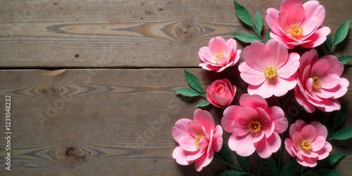 Wallpaper Mural Delicate pink paper flowers arranged on rustic wooden background creating a charming spring floral scene Torontodigital.ca