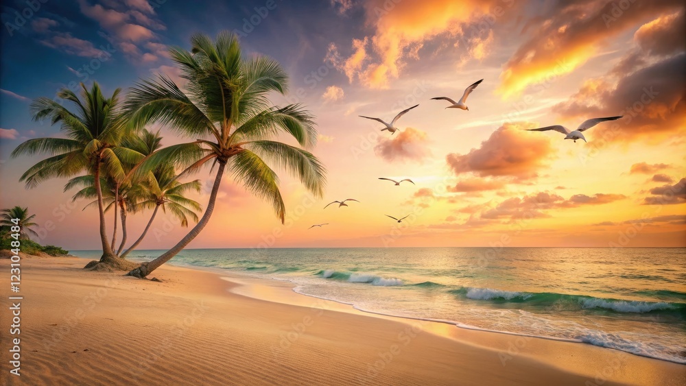 Obraz premium Soft peach sandy beach with a few palm trees and seagulls flying in the sky, serene atmosphere, calm environment, natural scenery