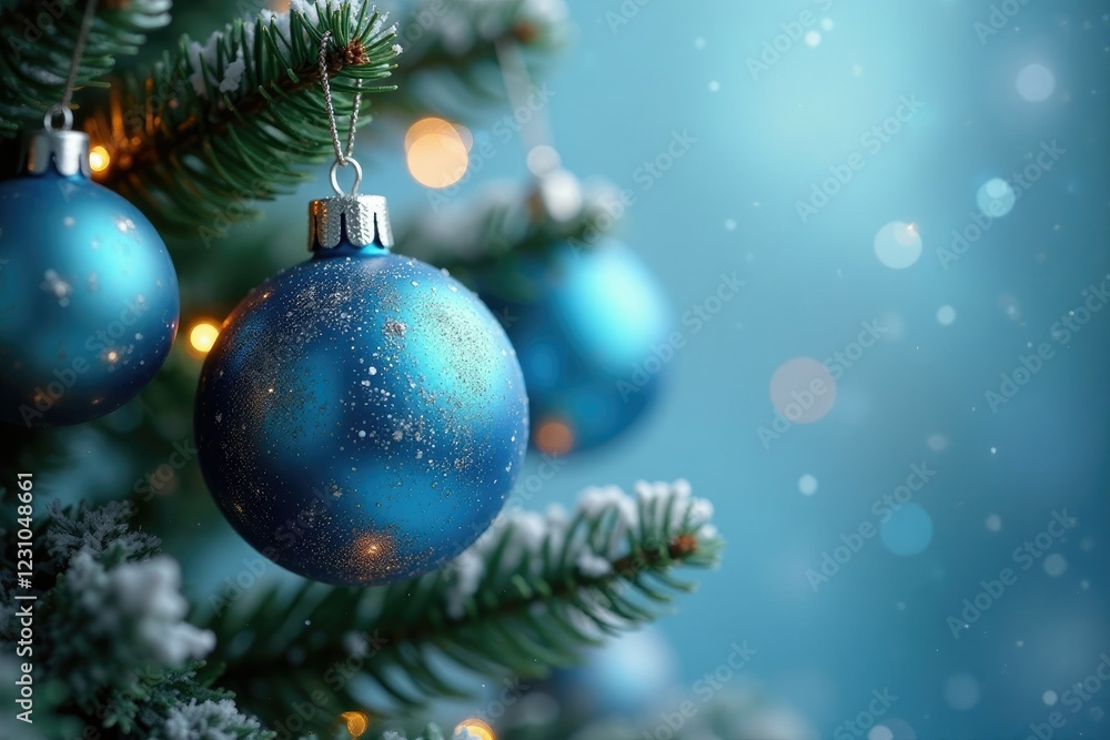 Sparkling blue and silver baubles adorn evergreen tree, blue and silver ornaments, frosty tree decorations Sparkling blue and silver baubles adorn evergreen tree, blue and silver ornaments, frosty tree decorations