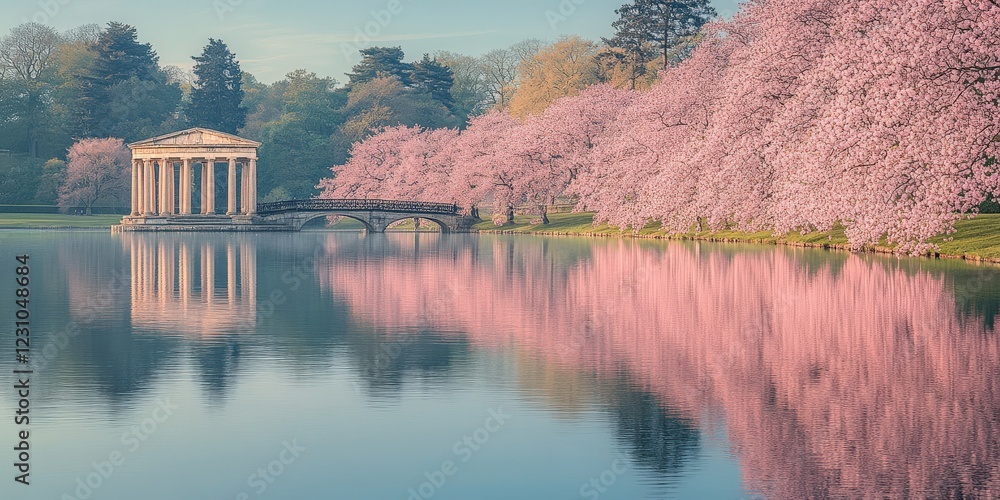 Serene Landscape with Cherry Blossoms, Tranquil Lake Reflection, Classical Pavilion, Springtime Nature Scene, Peaceful Outdoors, Blossoming Trees, Blue Sky Serenity Serene Landscape with Cherry Blossoms, Tranquil Lake Reflection, Classical Pavilion, Springtime Nature Scene, Peaceful Outdoors, Blossoming Trees, Blue Sky Serenity