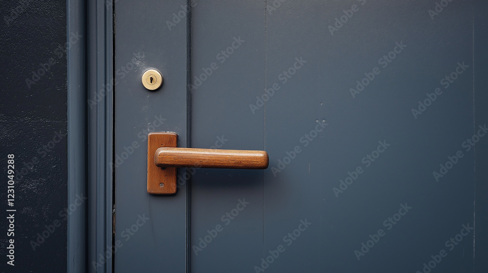 A wooden handle on a smooth, gray panel door, combining warm organic textures with cool minimalism A wooden handle on a smooth, gray panel door, combining warm organic textures with cool minimalism