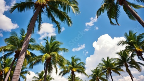 Wallpaper Mural Palm trees sway in the breeze against a bright blue sky with white puffy clouds, oceanic horizon, wind blowing through palms Torontodigital.ca