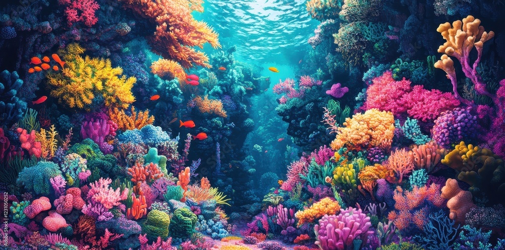 Naklejka premium Vibrant Coral Reef Ecosystem With Colorful Fish