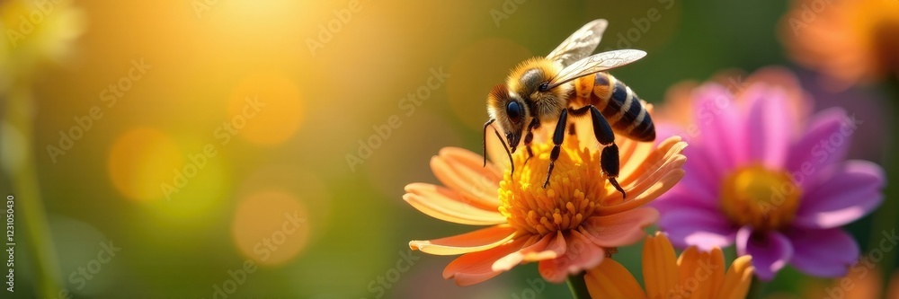 Pollen-covered bee collects the sweet syrup from colorful flowers amidst sunshine, flowers, nature Pollen-covered bee collects the sweet syrup from colorful flowers amidst sunshine, flowers, nature