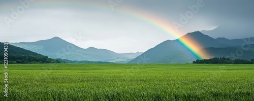 Captivating rainbow over lush green fields scenic landscape nature photography calm environment wide-angle view