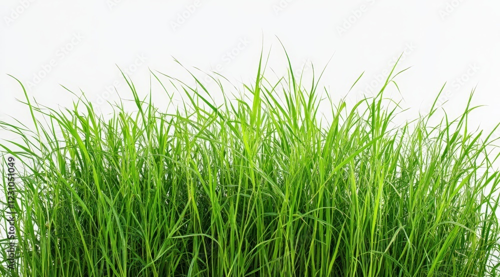 Lush green grass blades against white background. Lush green grass blades against white background.