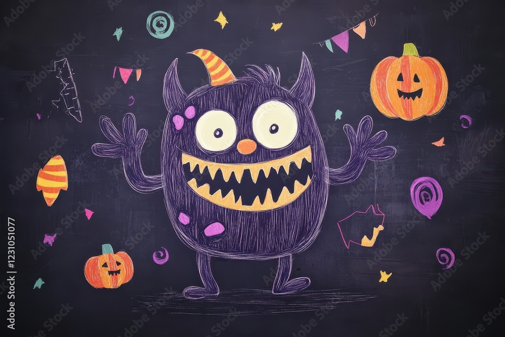 Fototapeta premium Friendly Halloween Monster Celebrates with Pumpkins and Decorations