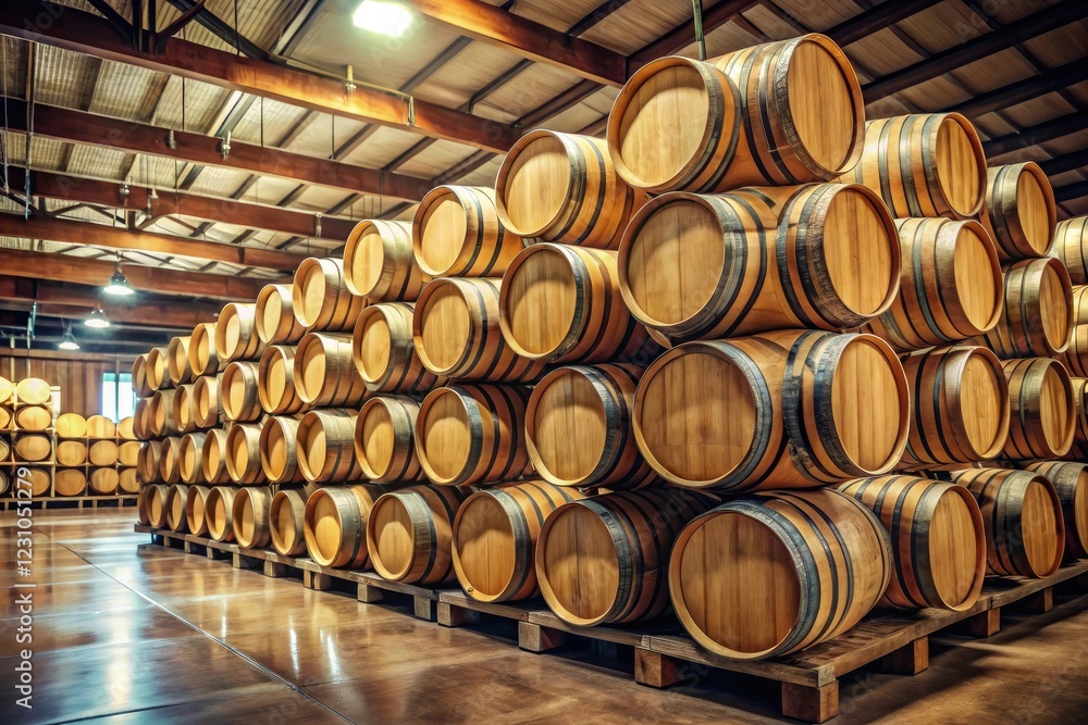Ripe wooden barrels stacked high in a warehouse, aged, rustic, whisky Ripe wooden barrels stacked high in a warehouse, aged, rustic, whisky