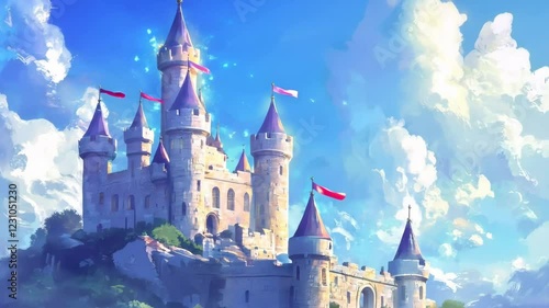 A Majestic Fairy Tale Castle Towering Against a Bright Blue Sky with Whimsical Clouds