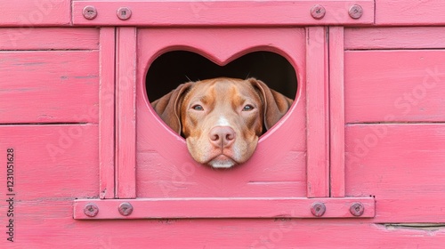A brown dog peeks through a heart-shaped opening in a bright pink wooden structure, exuding charm and warmth.