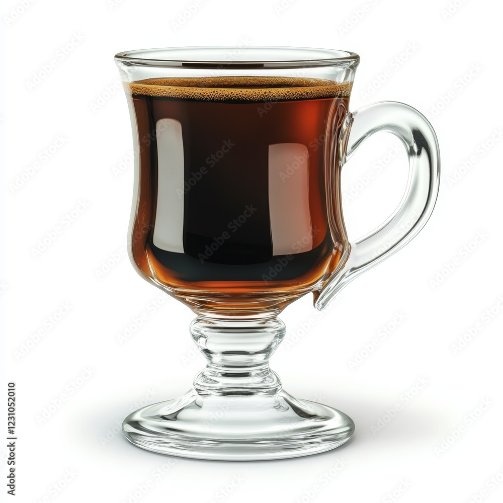 Dark beverage in a stemmed glass mug with a handle, isolated on white. Dark beverage in a stemmed glass mug with a handle, isolated on white.