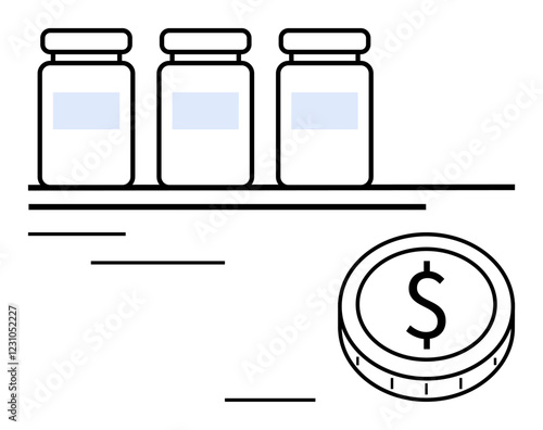 Three medicine bottles aligned on a shelf with a coin featuring a dollar sign. Ideal for healthcare, medicine, pharmaceuticals, cost analysis, financial planning, pricing, abstract line flat metaphor