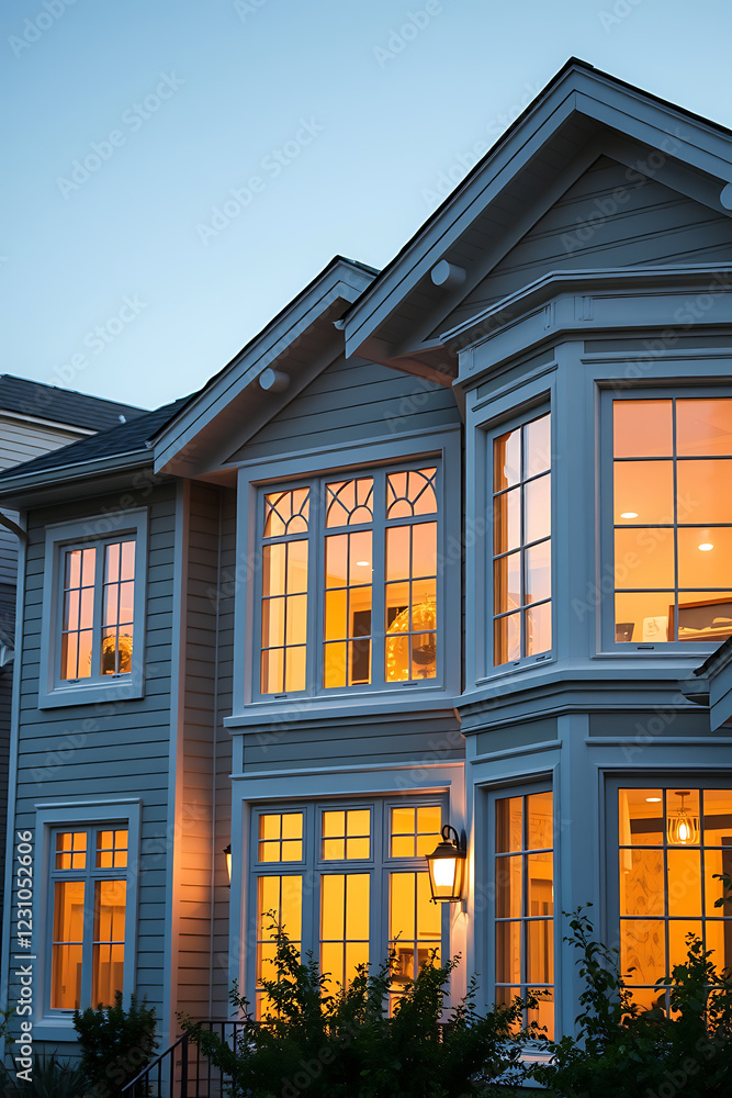 Fototapeta premium Illuminated Modern Home Exterior at Dusk: A Luxurious Suburban Residence