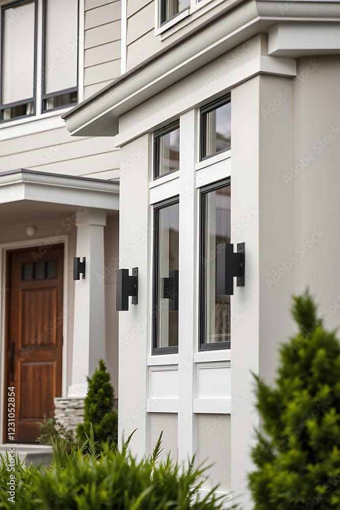 Fototapeta premium Modern House Exterior: White Walls, Black Windows, and Landscaping