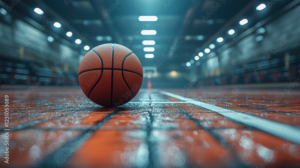 Basketball sits on wet court in arena Basketball sits on wet court in arena