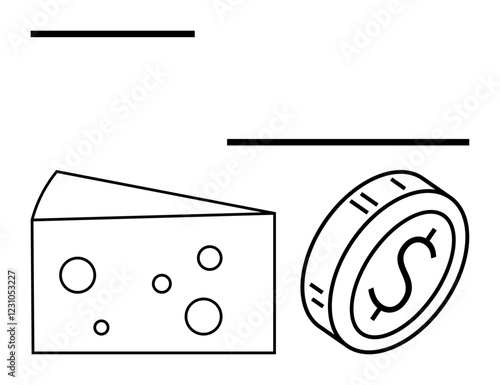 Cheese slice and coin with dollar sign evoke trade, finances, wealth, and food economics. Ideal for business, savings, investment, commerce cost budgeting themes. A flat abstract line metaphor