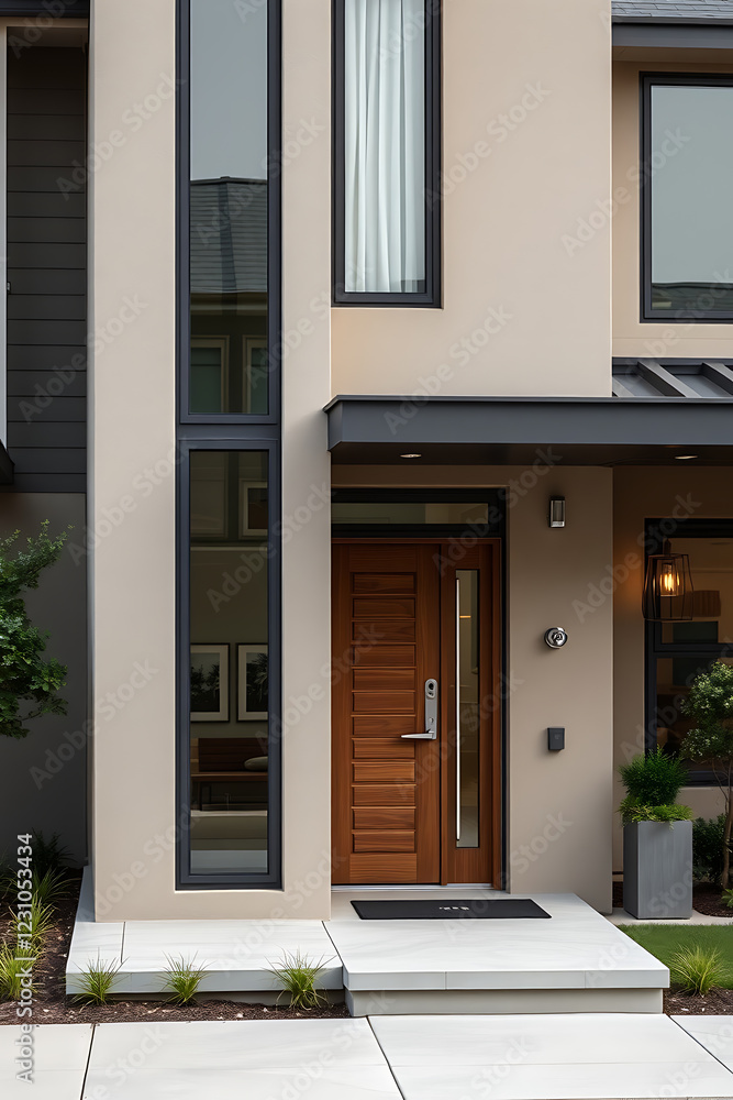 Fototapeta premium Modern House Exterior: Contemporary Home Design with Elegant Entrance and Minimalist Facade