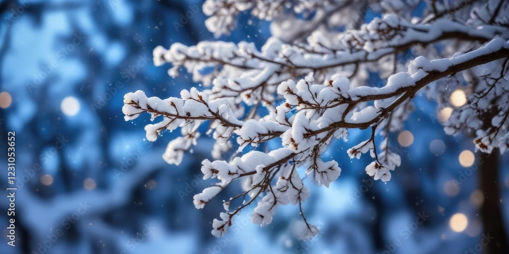 Snow-covered tree branch in blue bokeh background blur, snowy scenery, winter landscape, serene atmosphere Snow-covered tree branch in blue bokeh background blur, snowy scenery, winter landscape, serene atmosphere
