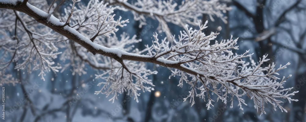 Snowflakes gently falling on a bare tree branch, winter wonderland, serene, frosty Snowflakes gently falling on a bare tree branch, winter wonderland, serene, frosty