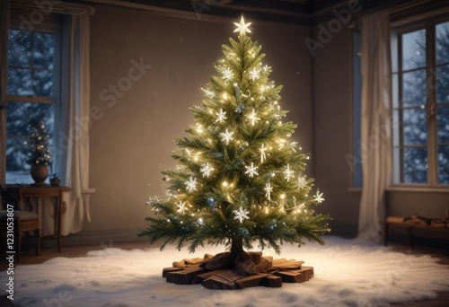 Snowflakes falling on a beautifully adorned Christmas tree, Festtag, Eisig photo