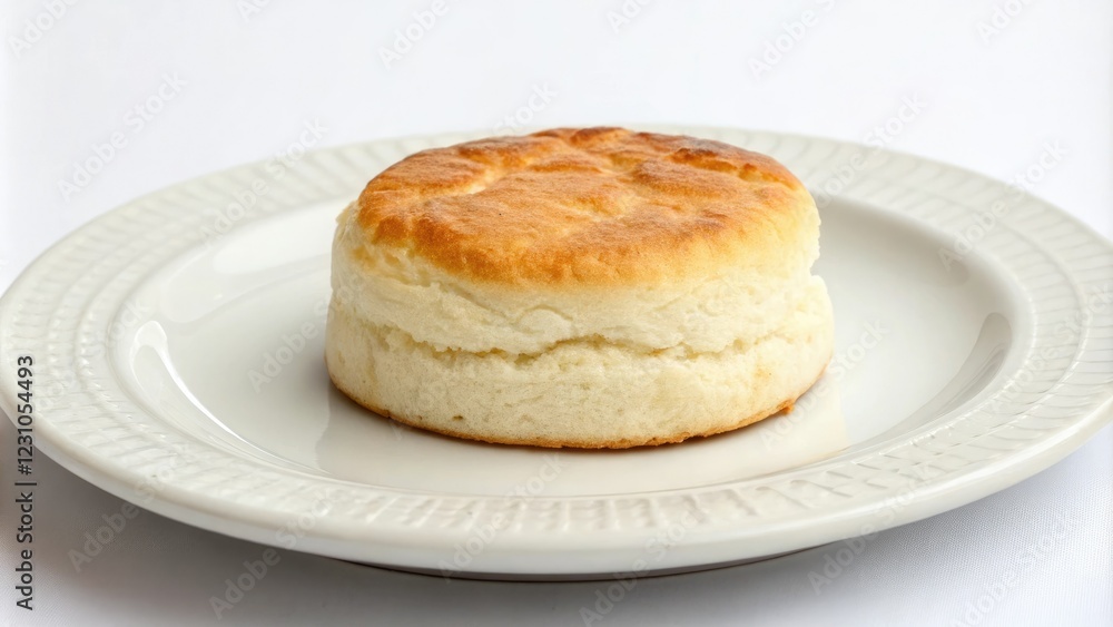 Soft golden brown marshmallow biscuit sitting alone on a white plate, single serving, sweet treat Soft golden brown marshmallow biscuit sitting alone on a white plate, single serving, sweet treat