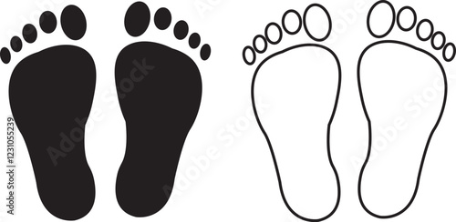 Foot print icon set. Human foot pet black vector flat and line collection isolated on transparent background. Shoe print step symbol sign of walking, track imprint, sole of shoe printmaking technique.