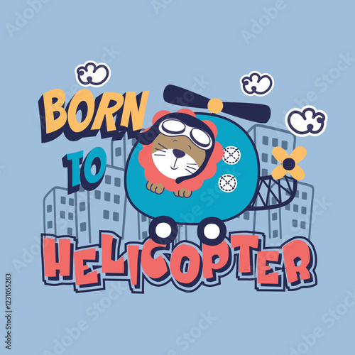 Cute lion vector character as a helicopter pilot flying over a modern city skyline with clear skies
