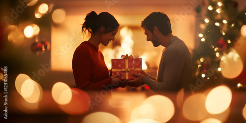 Couple Exchanging Valentine's Gifts Near a Fireplace photo