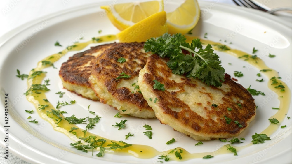 Pan-Seared Potato Pancakes with Fresh Parsley and Lemon Juice, lemon juice, savory dish, plate of food, parsley, potato pancakes Pan-Seared Potato Pancakes with Fresh Parsley and Lemon Juice, lemon juice, savory dish, plate of food, parsley, potato pancakes