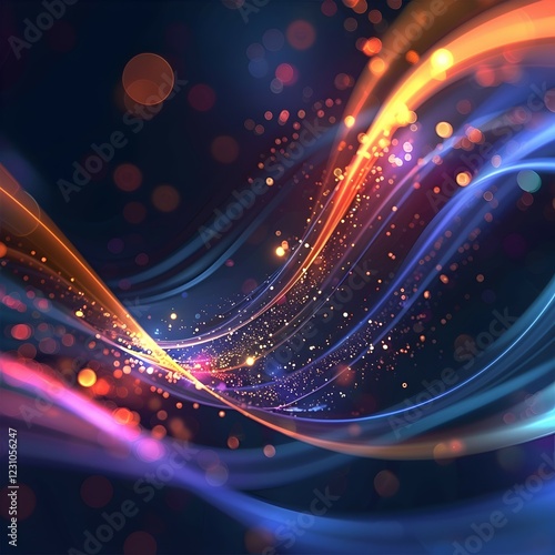 A vibrant, abstract design featuring flowing lines and glowing particles against a dark background. photo