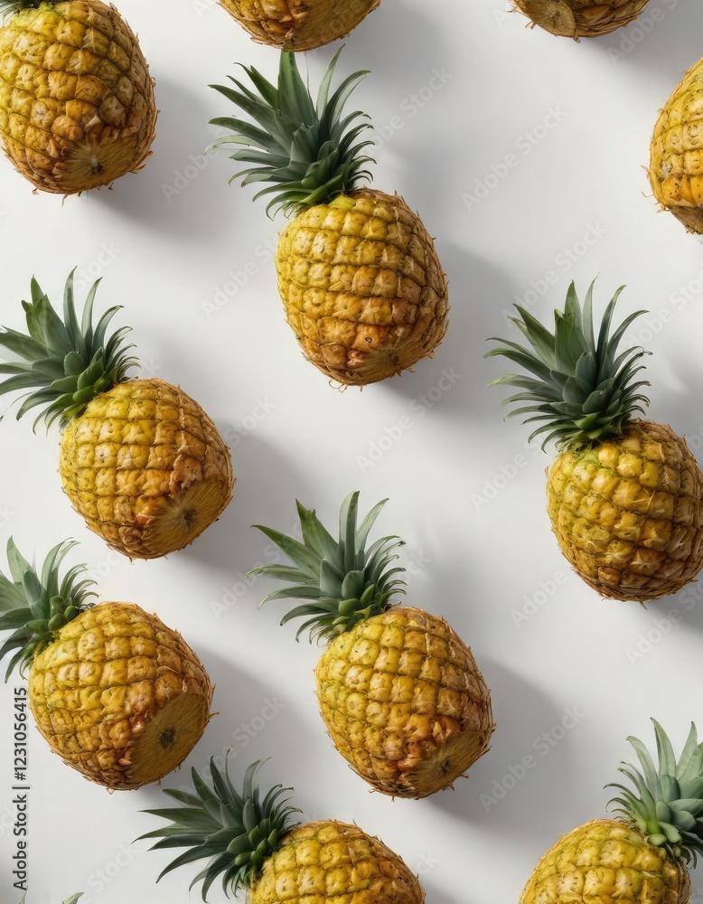 Pineapple on a plain white background with shadows, yellow, light source, shadows Pineapple on a plain white background with shadows, yellow, light source, shadows