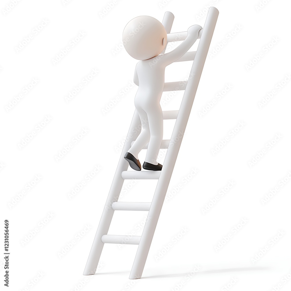 3D cartoon man climbing a ladder isolated 3D cartoon man climbing a ladder isolated
