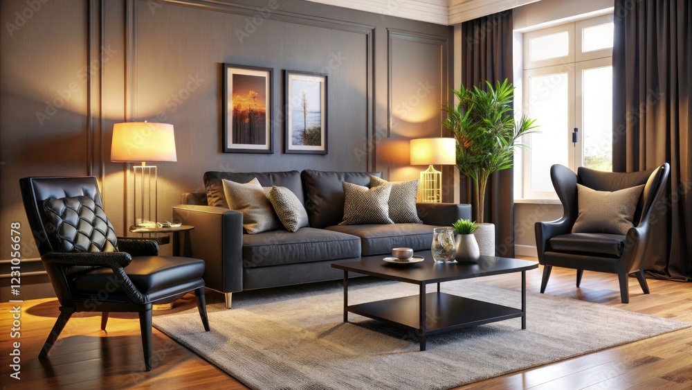 Modern Living Room with Elegant Black Furniture: Stylish Black Chair and Table Combination for Contemporary Home Decor Modern Living Room with Elegant Black Furniture: Stylish Black Chair and Table Combination for Contemporary Home Decor